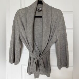 Gray Knit Cardigan with Tie Waist
